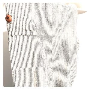 Navy blue & white-striped. Stretchy pants.